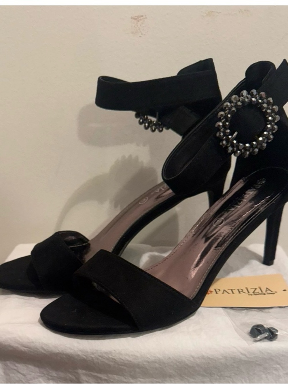 Patrizia Black Suede Ankle-Strap Heels with Crystal Buckle-11